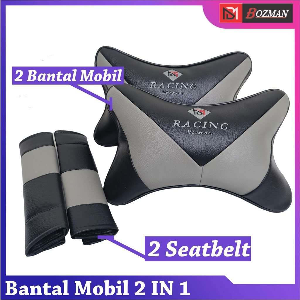 Set Bantal Mobil 2 in 1 Racing / Headrest &amp; Cover Seatbelt Leather