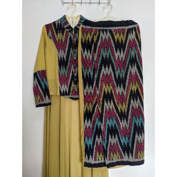 Set Gamis Dress Pesta Jumputan Kain Tenun Khas Palembang Kondangan Kuning Lime Salem Cewek Wanita