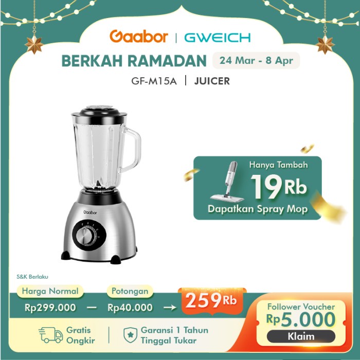 Gaabor Blender Kaca Multifungsi 3 Mode Kecepatan / GF-M15A