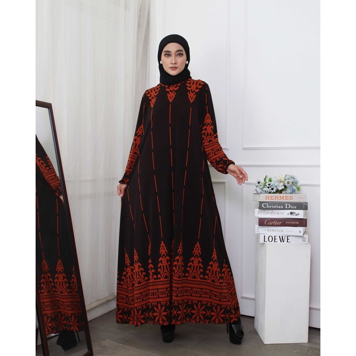 PROMO GMPN - BAJU GAMIS WANITA TERBARU JERSEY LEMONSKIN MOTIF BATIK 3120 - COFFEE TRENDY TERBARU KEK
