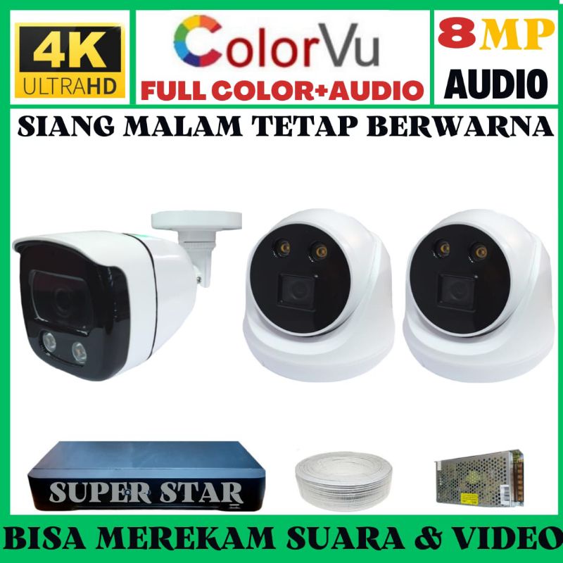 PAKET CCTV COLORVU 4 CHANNEL 3 KAMERA 8MP 4K ULTRA HD 2560P+ AUDIO