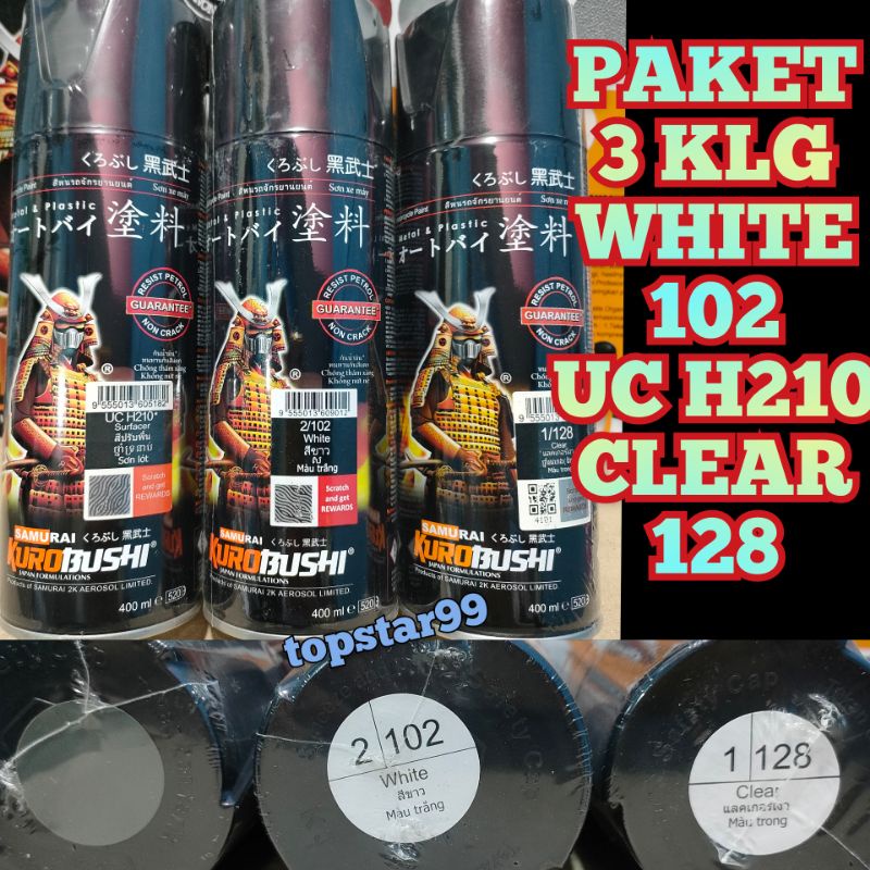 Samurai Paint Paket 3 Kaleng Pilok Pilox Cat Semprot Samurai Paketan Lengkap Putih White 102 Epoxy Surfacer UC H210 Clear Pernis Glossy 128 400ml