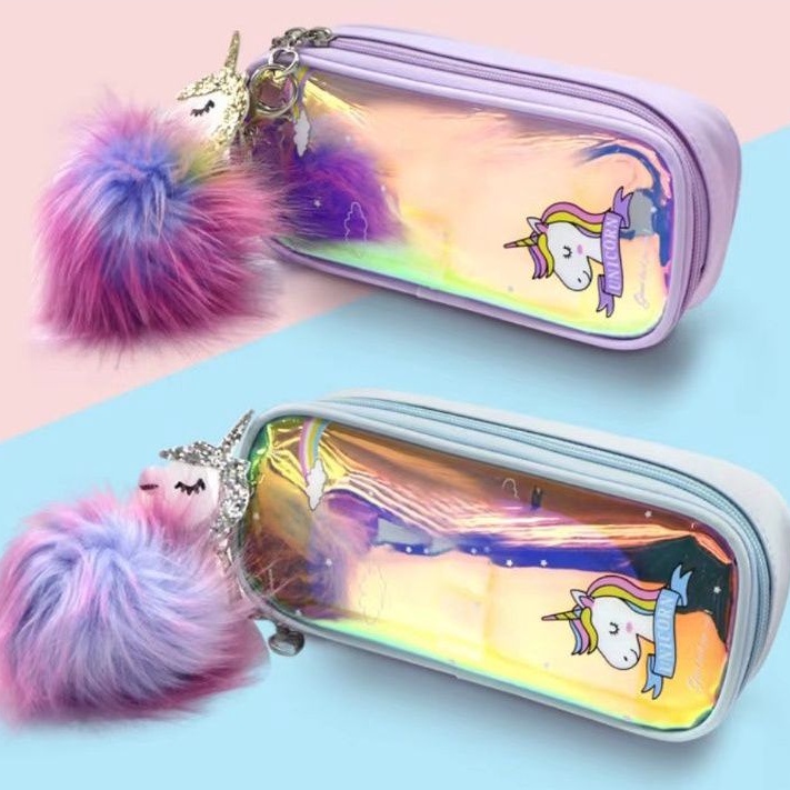

Pencil case/tempat pensil Unicorn hologram + gantungan pompom