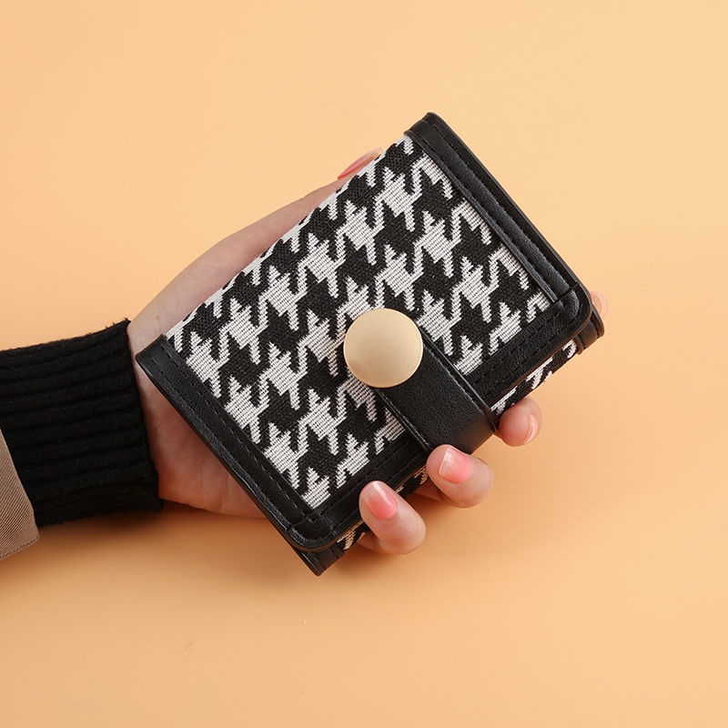 Sera baru kanvas houndstooth dompet kecil wanita paragraf pendek warna kontras lipat klip koin multi-kartu gesper tas genggam panjang