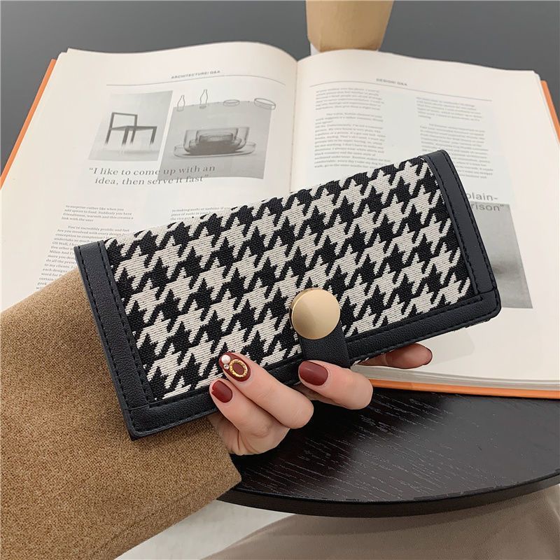 Sera baru kanvas houndstooth dompet kecil wanita paragraf pendek warna kontras lipat klip koin multi-kartu gesper tas genggam panjang