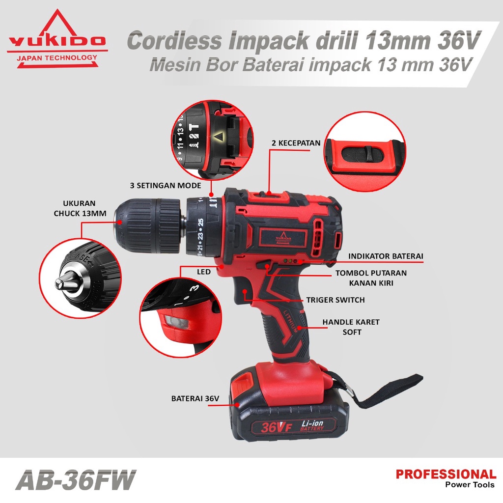 BIGE SALE YUKIDO 36V 12V MESIN BOR CAS 10 MM CORDLESS DRILL 2 BATERAI /JLD BOR 12V ONLY