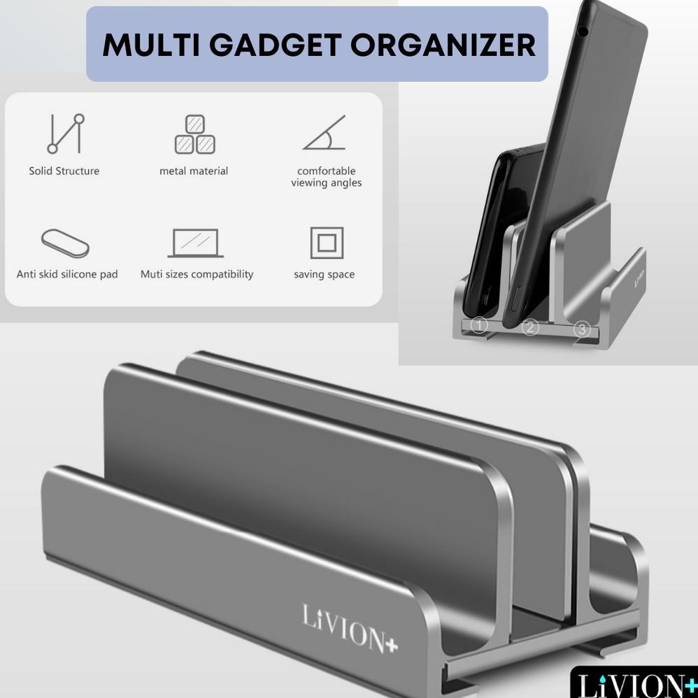3In1 Stand Vertical Aluminium Bracket Holder Livion+ Macbook Laptop Tablet Hp Multi Gadget Organizer