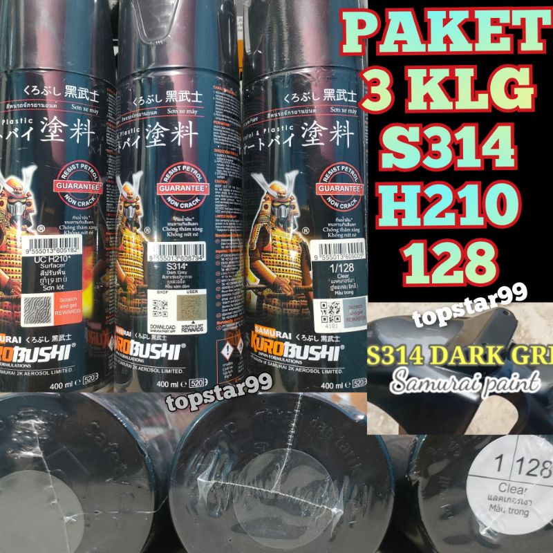 Samurai Paint Paket 3 Kaleng Pilok Pilox Cat Semprot Samurai Paketan Lengkap Abu abu Tua Dark Grey S314 314 Epoxy Surfacer UC H210 Clear Pernis Glossy 128 400ml