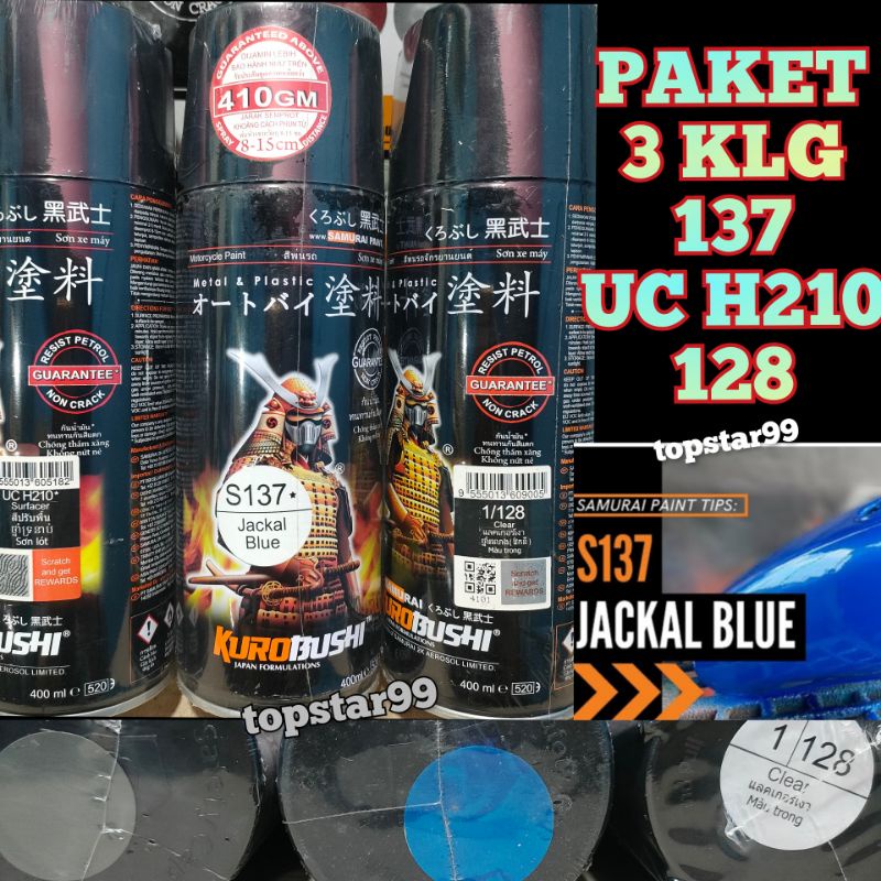 Samurai Paint Paket 3 Kaleng Pilok Pilox Cat Semprot Samurai Paketan Lengkap Biru Jackal Blue S137 137 Epoxy Surfacer UC H210 Clear Pernis Glossy 128 400ml