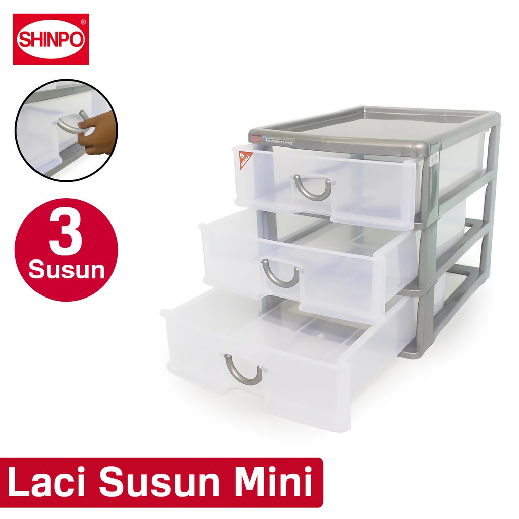 Shinpo Laci Susun Mini Plastik 3 Slot Rak Container Maxim Mini Drawer Parsel Spo-Sip-355-S3 Abu-Abu