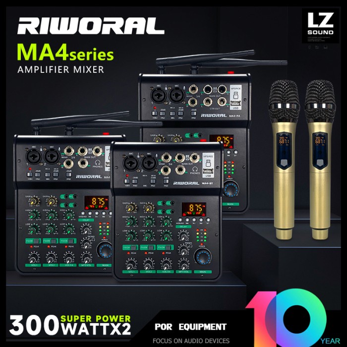 Terlaris Riworal Ma4 Mixer Audiopower Amplifier 300Wx2+Chargeable Mic Wireless