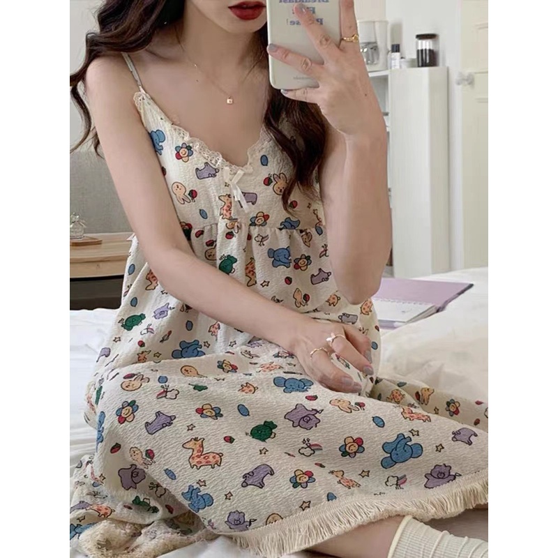 Rok tidur wanita bretel bantal dada bantal kartun piyama piyama manis dan indah model pakaian santai