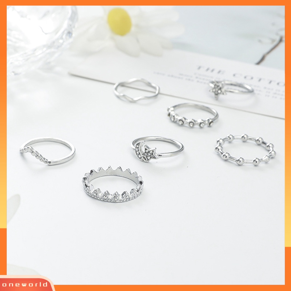 7 Pcs Cincin Geometris Bulan Bintang Aksen Berlian Imitasi Berkilau Untuk Wanita