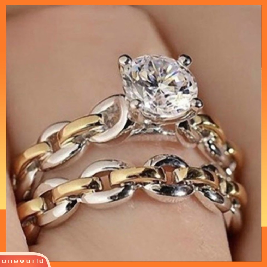 {oneworld} 2pcs/set Rantai Permukaan Halus Pernikahan Band Alloy Two-tone Berlian Imitasi Wanita Rings Charm Jewelry