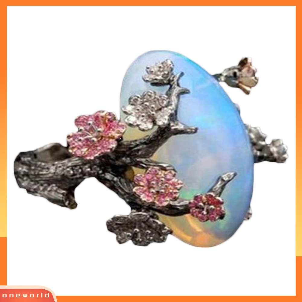 {oneworld} Vintage Wanita Imitasi Opal Plum Blossom Bunga Two Tone Jari Cincin Perhiasan Hadiah