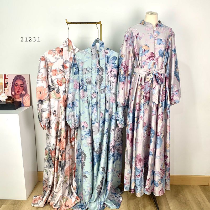 LONG MAXI EXTU BABYDOLL RUFFLE PINGGANG TANGAN PUFF MOTIF FLOWER TIE DYE ABSTRAK PREMIUM WANITA GAMI