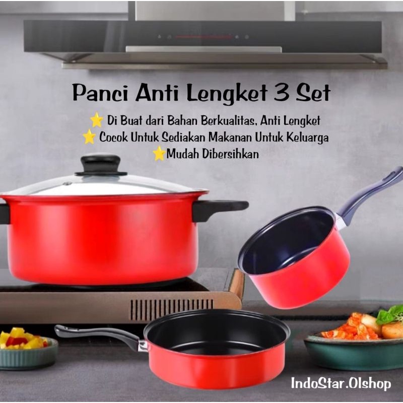 Panci wajan set isi 3 pcs panci Teplon presto wajan anti lengket 1 set