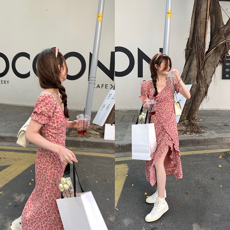 Red Versi Korea dari layar penuh gelombang man peach jantung kerah rok bunga temperamen Korea ramping puff lengan gaun celah sifon musim semi