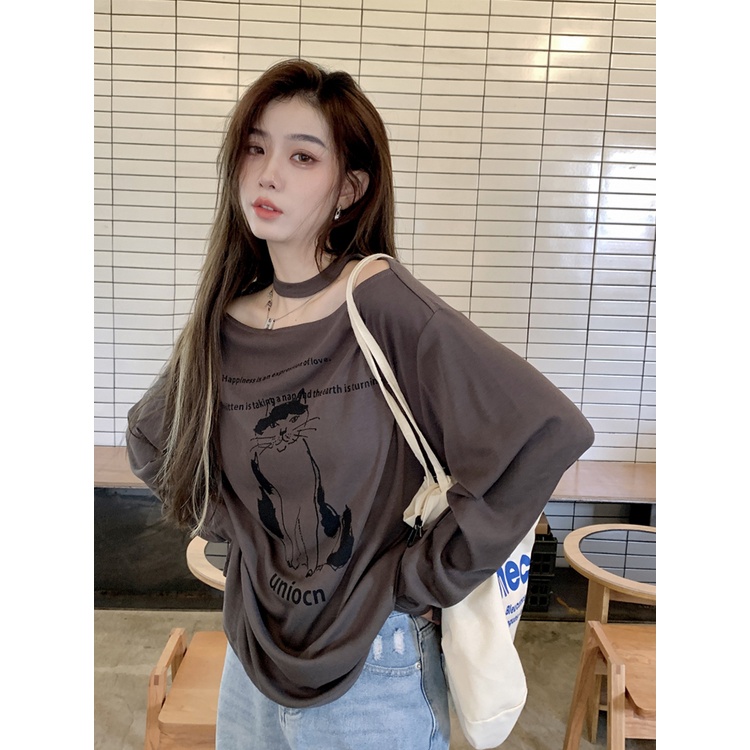 Red Kucing Amerika off-the-shoulder T-shirt wanita musim panas baru lengan panjang bawah hilang longgar tabir surya kemeja one-shoulder top