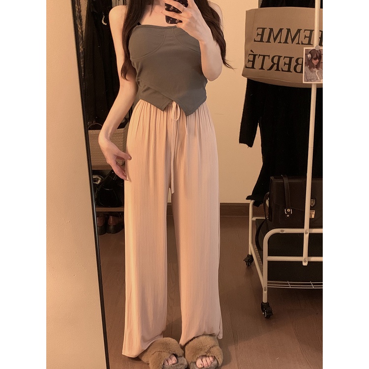 Red Pinggang tinggi serut es sutra celana kasual wanita musim panas baru retro vertikal lurus longgar versi sempit celana lebar kaki