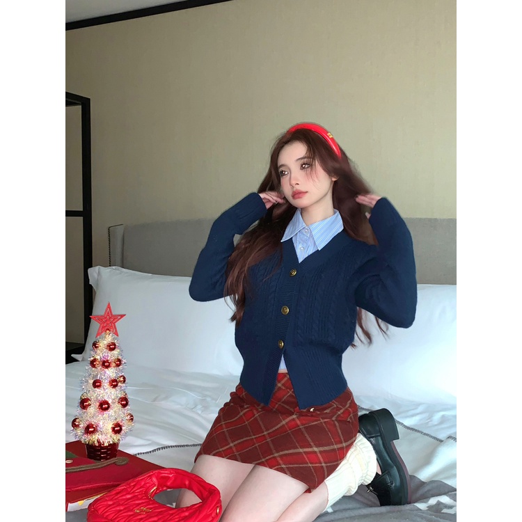 Red Retro American preppy suit wanita rajutan jaket kemeja musim semi dan musim gugur rok kotak-kotak rok kampus setelan jas tiga potong