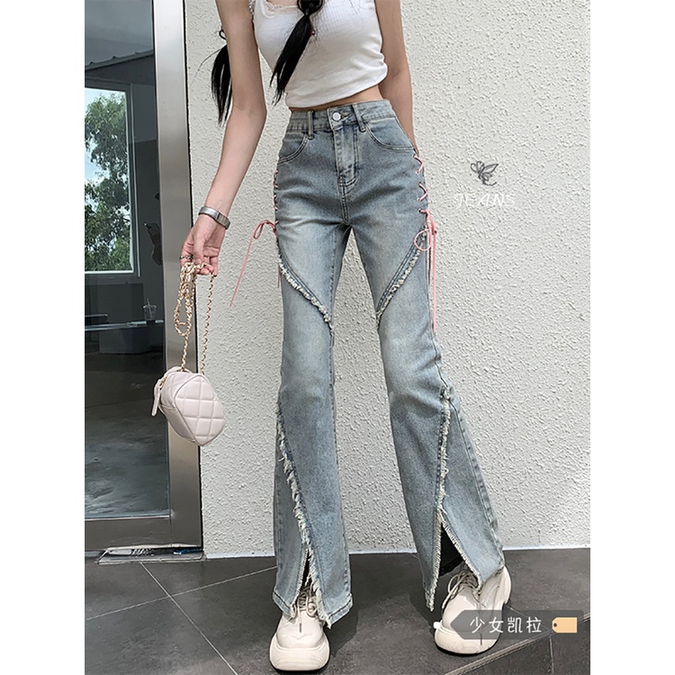 Red Gaya Amerika celah micro flared jeans wanita musim panas baru bertali pinggang tinggi hot girl slim straight design celana panjang