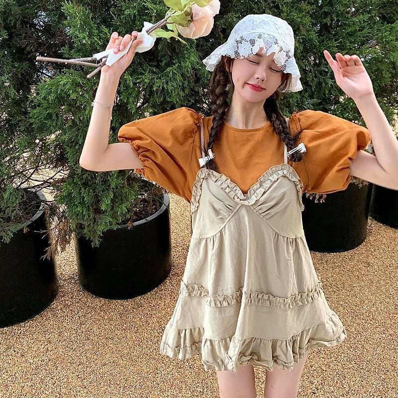 Red Gaun suspender pengurang usia retro untuk wanita musim panas setelan dua potong kecil rok a-line kasual rok pendek t-shirt atasan