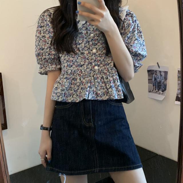 Red Setelan dua potong Korea lengan engah angin lembut French floral boneka kerah kemeja pinggang + rok denim musim panas