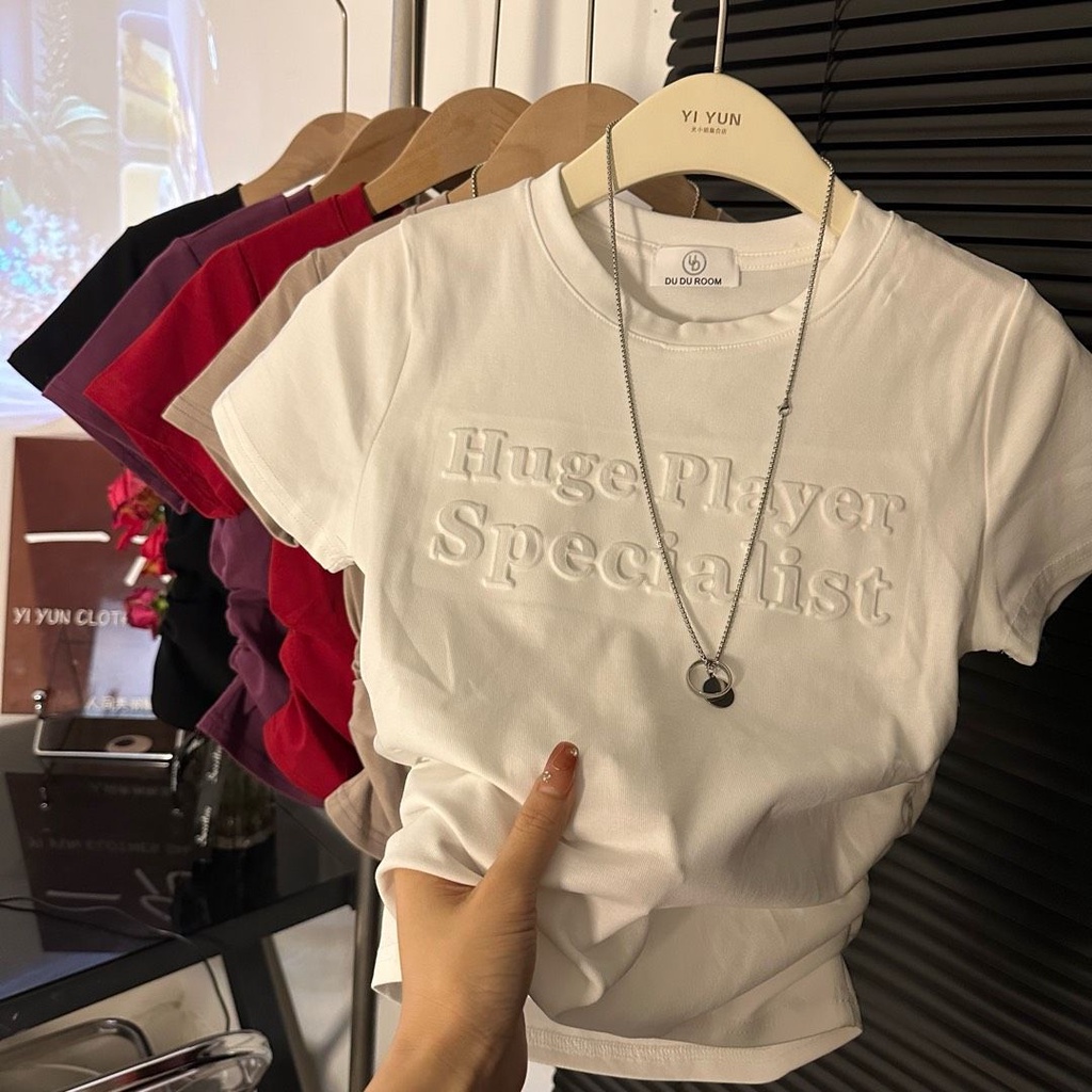 Red Keinginan murni angin tiga dimensi huruf bahu depan t-shirt wanita musim panas versi Korea tinggi pinggang pendek kemeja hot girl slim lengan pendek top