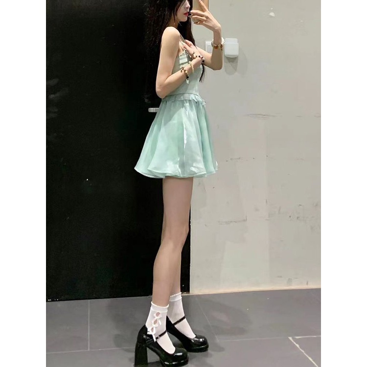 Red &quot;Tsubaki Yingying&quot; Sweet Mori Ties Ruffled Sling Dress + Kardigan Set Dua Potong 2023 Baru