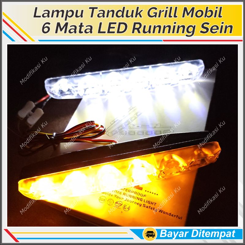 LAMPU TEMBAK SOROT DRL LED MOBIL 6 MATA TERANG PUTIH CRYSTAL TANDUK DEPAN GRIL BUMPER MOBIL WATERPRO
