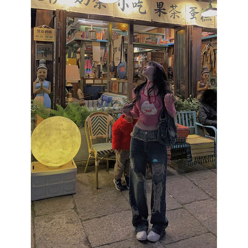 Red Rasa desain gaya hasrat murni menggantung tali leher T-shirt pinggang pendek musim semi dan musim panas baru gadis seksi ramping lengan panjang atas perempuan