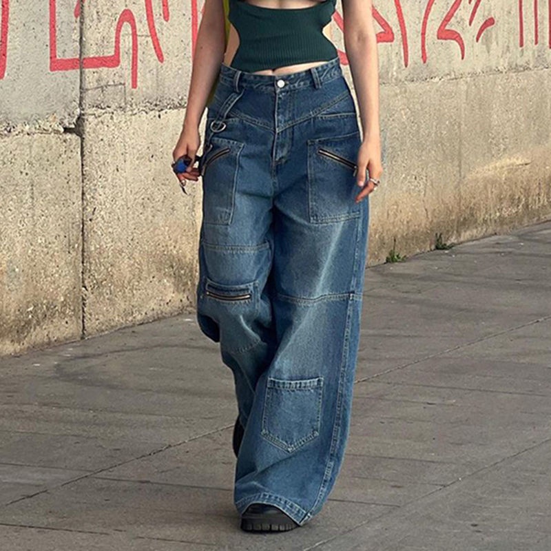 Red Rapcopter Eropa dan Amerika High Street Multi-Saku Perkakas Jeans Wanita Pinggang Tinggi Longgar All-Match Hot Gadis Lurus kaki Celana Tide