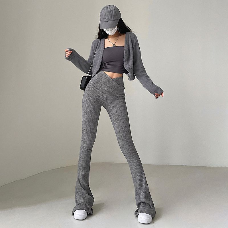 Red Rapcopter Eropa dan Amerika Dasar Rajutan Warna Solid Mikro Lasso Kasual Celana Wanita Berbentuk V Pinggang Benang Ketat olahraga Yoga Celana