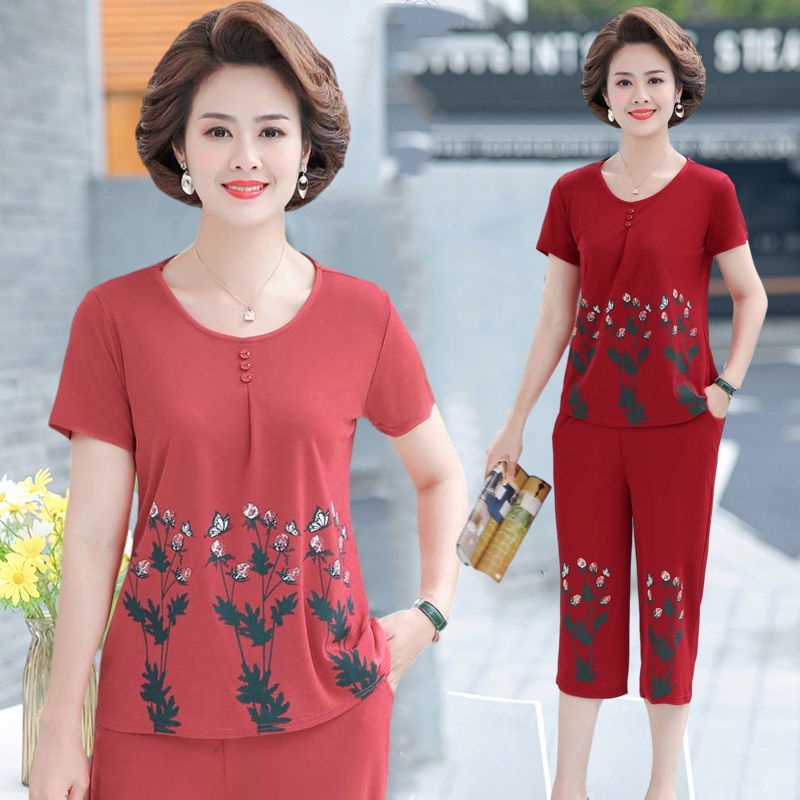 Baju musim panas ibu dua potong musim panas wanita paruh baya dan lanjut usia 5060 busana lansia len