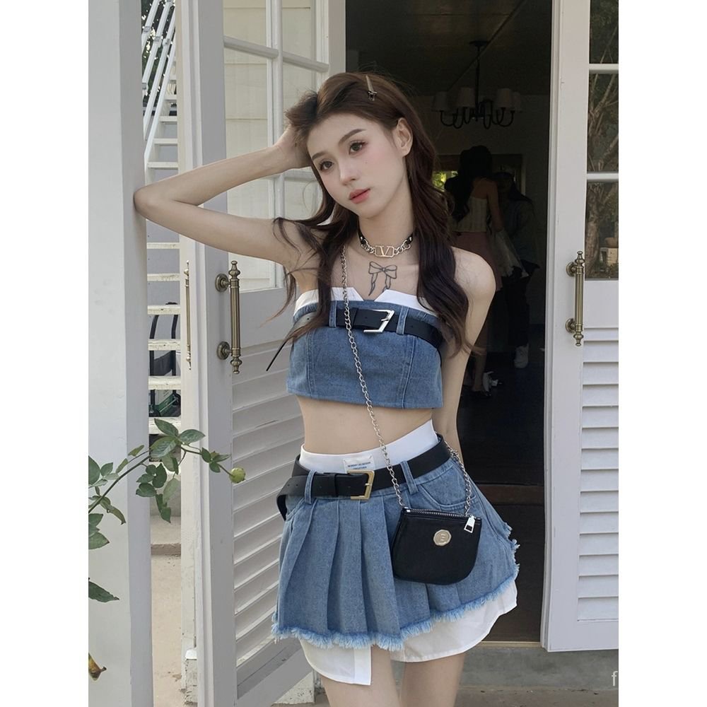 Set rompi bustier baru + rok lipit pinggang tinggi denim set dua potong kecil