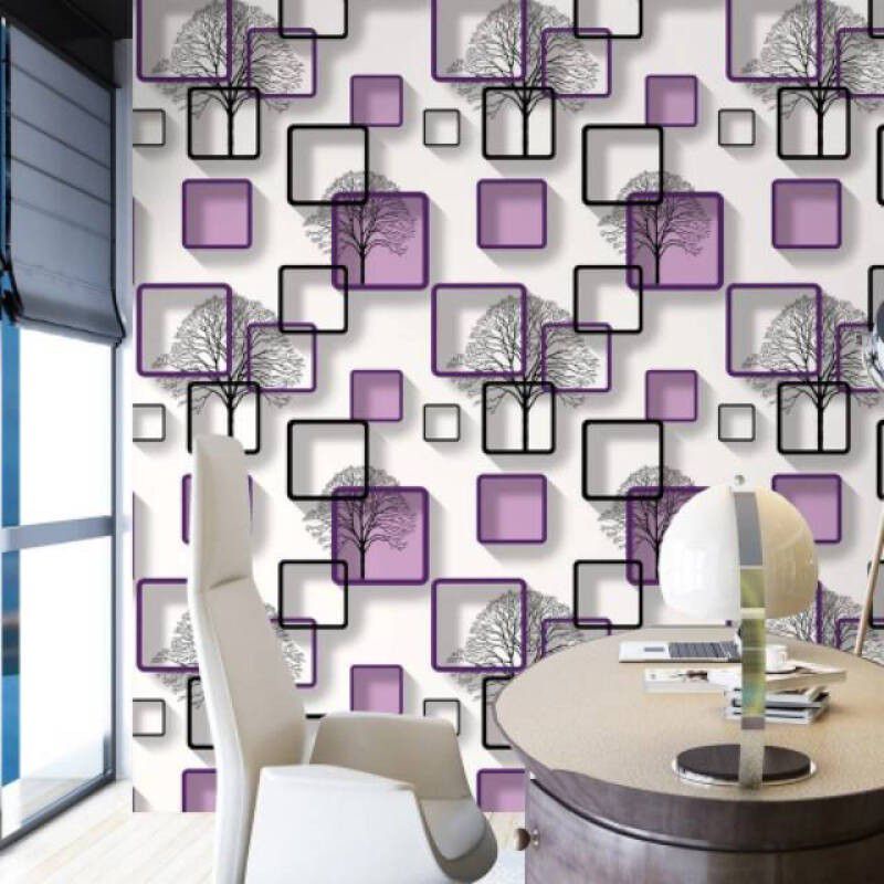 Wallpaper Dinding Ruang Tamu 3D Motif Kotak Pohon Ungu Wallpaper Dinding Kamar 3D Wallpaper Dinding 