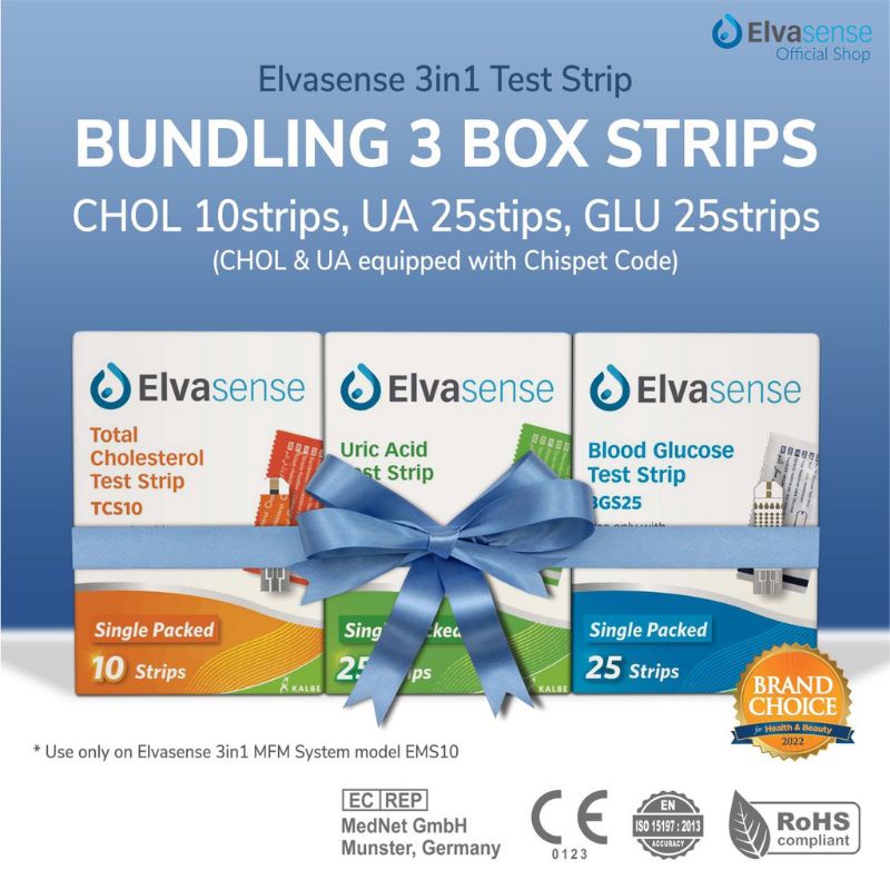 Test Strips Alat Cek 3in1 Elvasense ( Gula Darah/Kolesterol/Asam Urat) Strip Elva