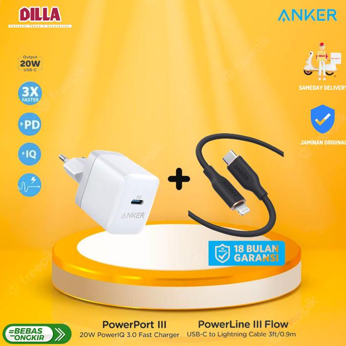 Anker Charger Powerport III 20W + PowerlineIII Flow USB-C To Lightning