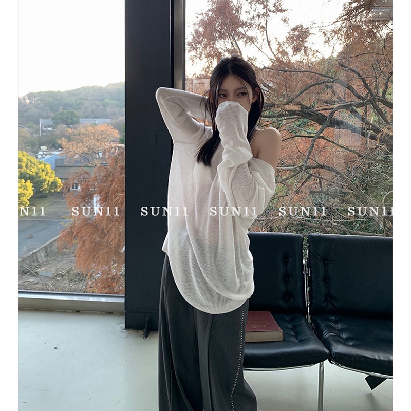 Red Keinginan murni angin V-neck lengan panjang top wanita musim semi dan musim panas baru putih mikro-transparan rasa desain ceruk longgar rajutan tabir surya kemeja