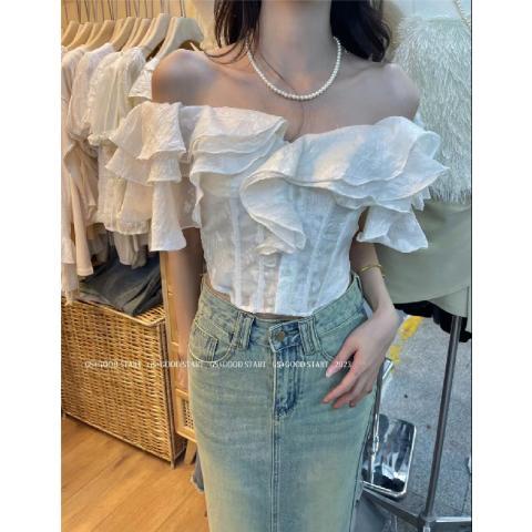 Red Rasa desain one-shoulder daun teratai tepi pinggang bungkus lembut dada kecil kemeja musim panas temperamen kemeja retro atas pakaian wanita