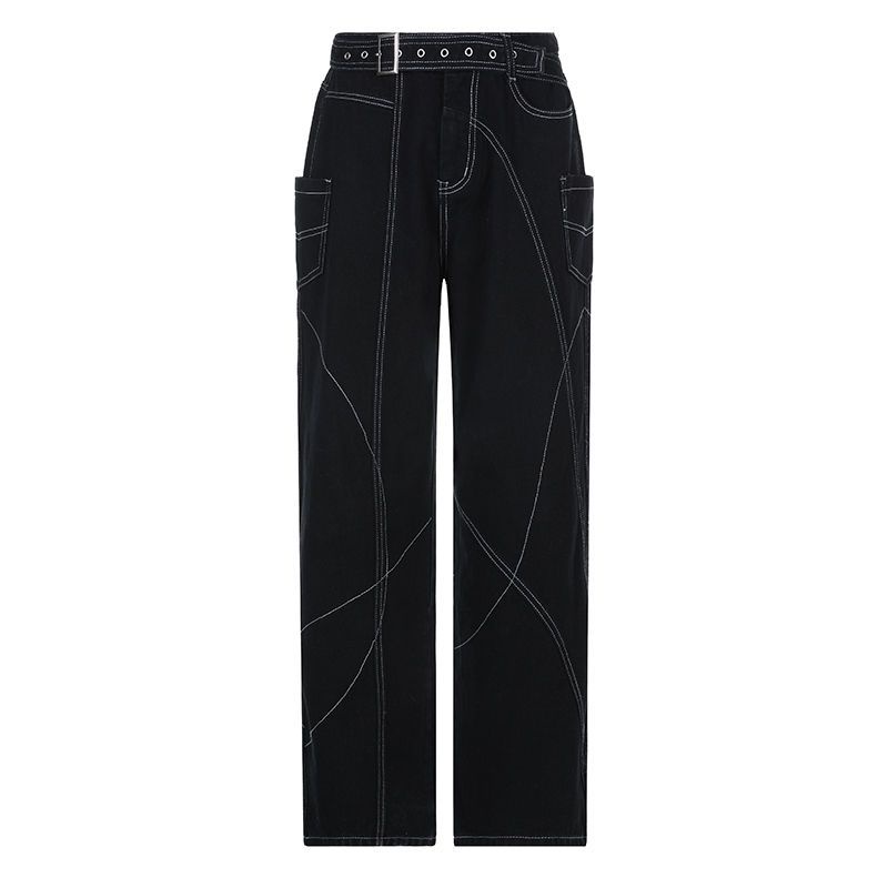 Red BIIKPIIK high street style dekorasi garis cerah jeans kepribadian desain kaki celana jalan lebar pasang