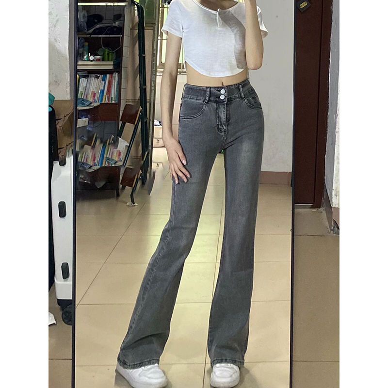 Red Smokey grey flared jeans wanita musim dingin American retro slim slim high waist straight pants high street tide ins