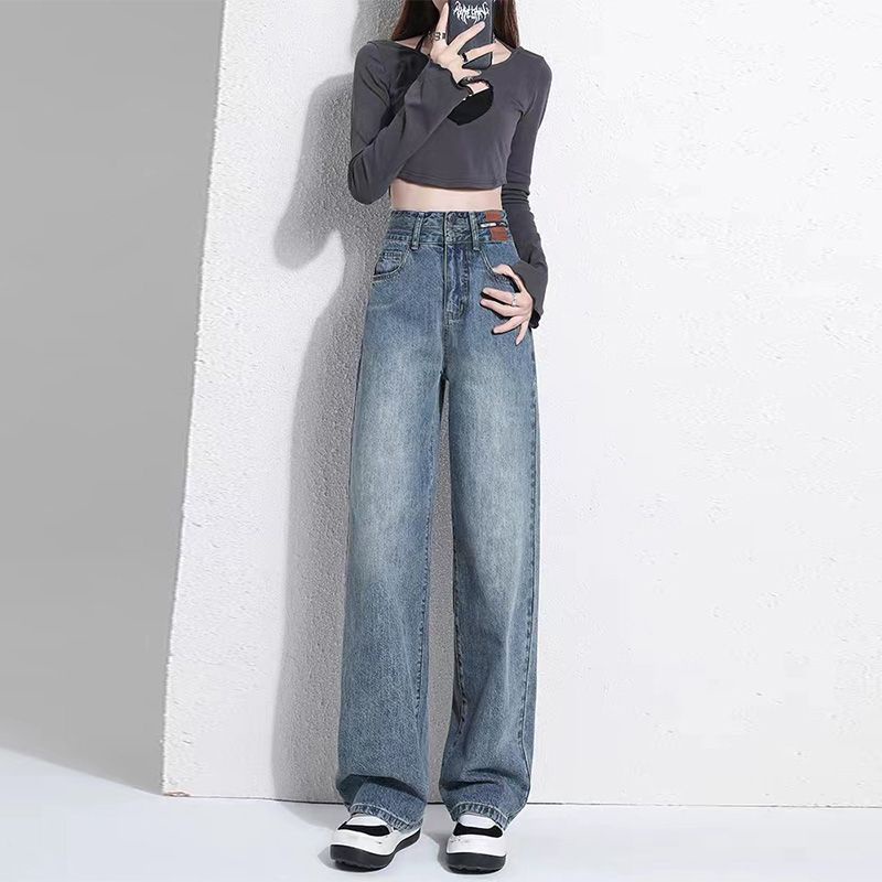 Red Celana jeans kaki lebar berpinggang tinggi wanita 2023 musim semi dan musim panas baru kaki lurus longgar versi ramping dan sempit menggantungkan celana mengepel lantai