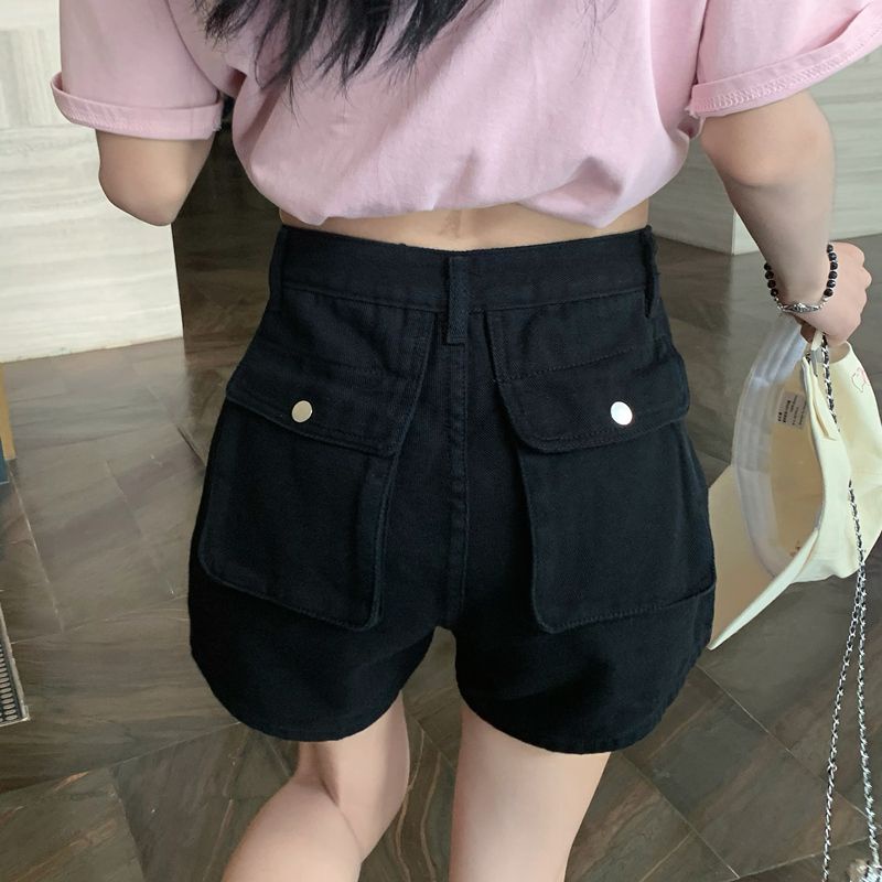 Red Khaki kasual perkakas celana pendek denim wanita musim panas kecil 2023 baru pelangsing berkaki lebar a-line hot girl hot pants