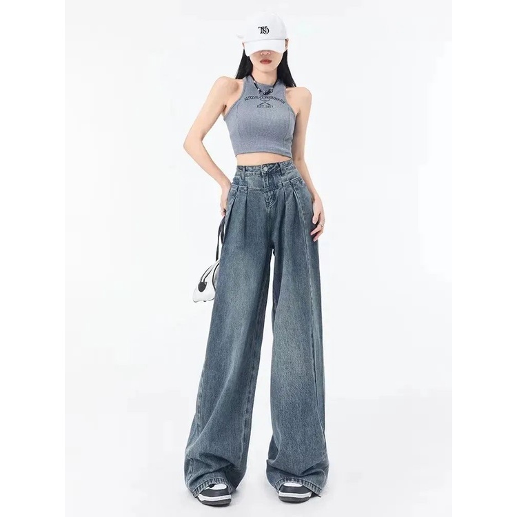 Red American retro high-waisted wide-leg jeans wanita musim semi dan musim panas longgar tabung lurus tipis berbentuk buah pir sosok malas mengepel lantai