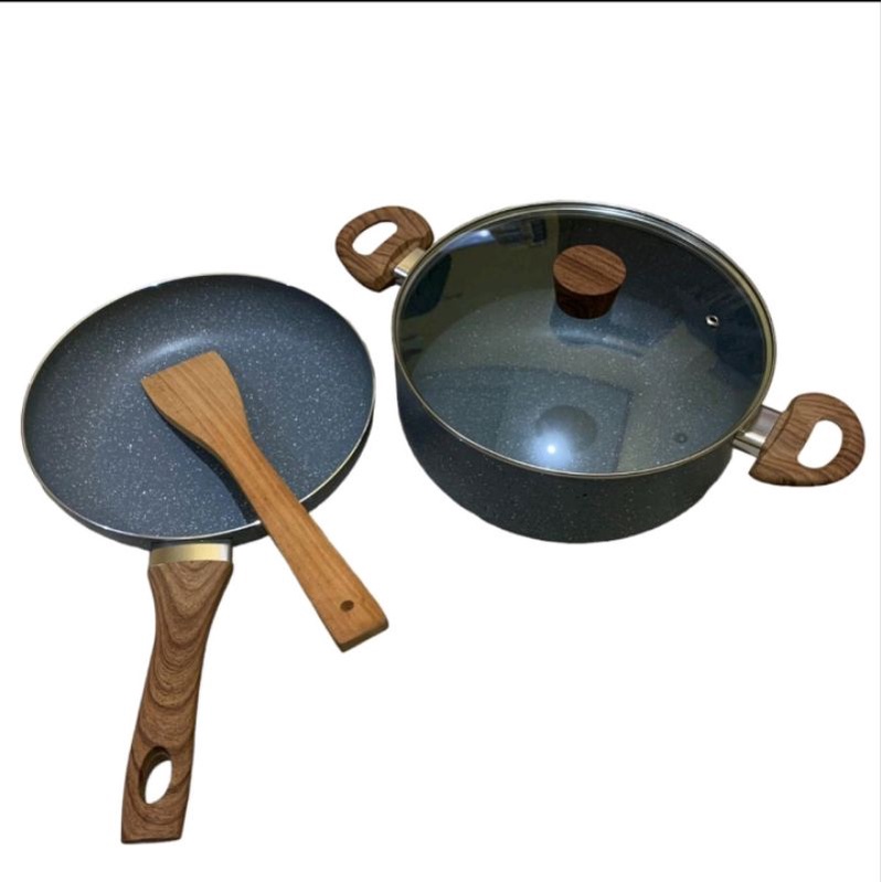 (keluargastore)Cookware Set panci Set 2 pcs keramik Marble Coating anti lengket + FREE Sutil