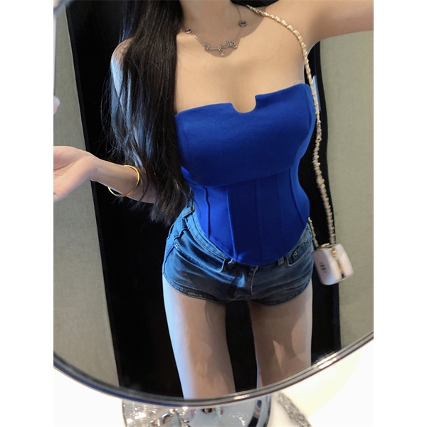 Pure Desire Blue Fishbone Tube Top Rompi Kecil Wanita Musim Panas Strapless Inner Wear Pendek Hot Girl Irregular Top Outerwear #COD