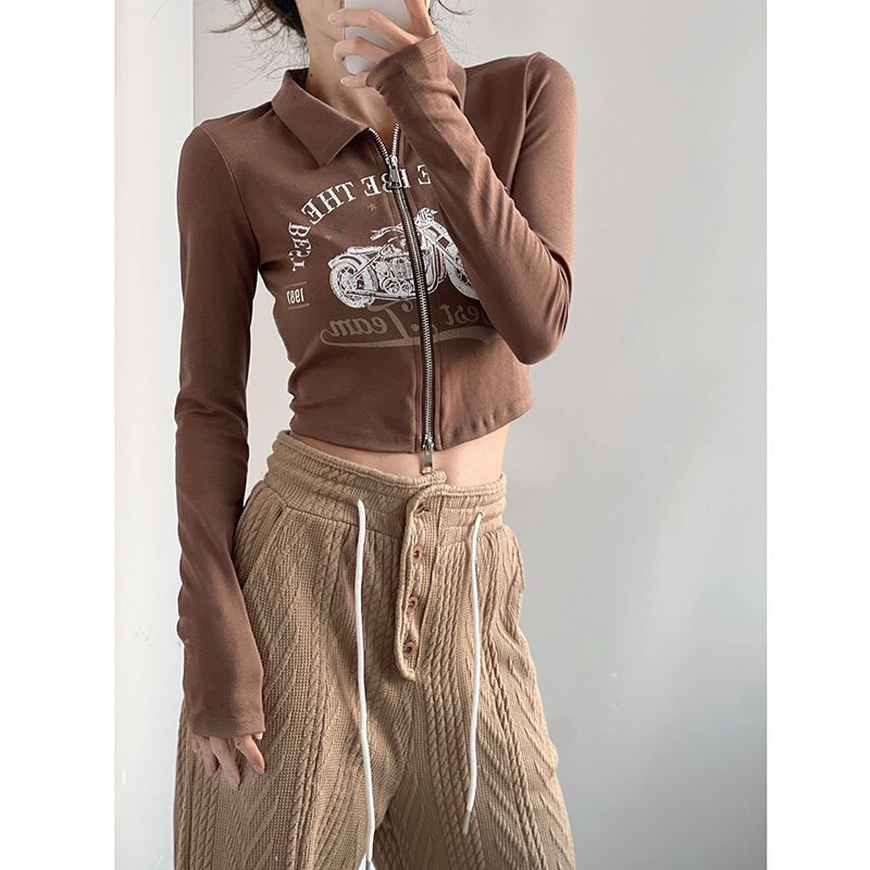 Red American hot girl double opening zipper motorcycle print lengan panjang T-shirt design sense back strap short shoulder top