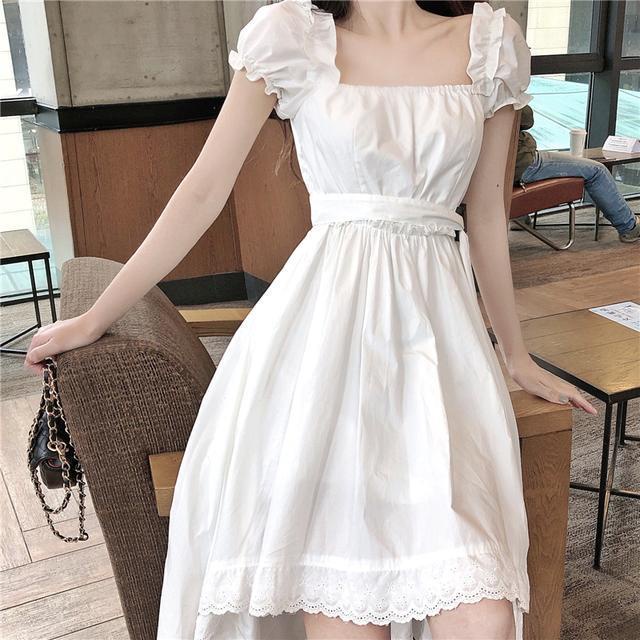 Red Gaun musim panas gaya Perancis baru cinta pertama rok retro kerah persegi super peri pinggang melangsingkan rasa desain putih lengan pendek gaun perempuan
